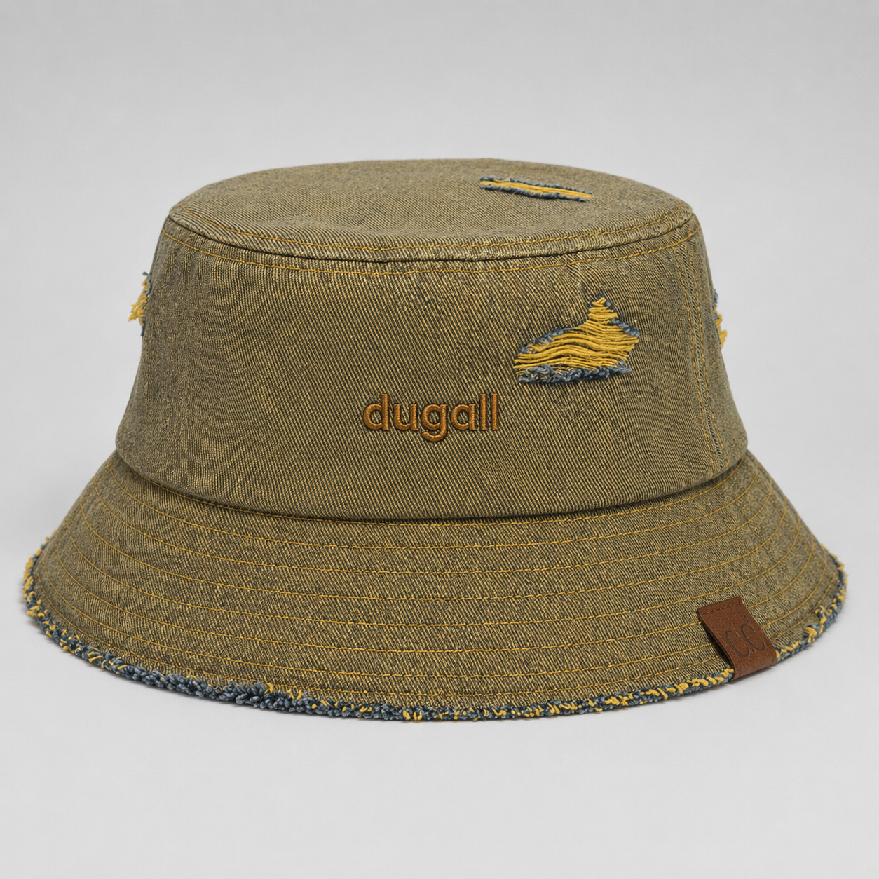Front view of a washed 100% cotton bucket hat with embroidered logo, frayed brim, and outdoor vintage style
