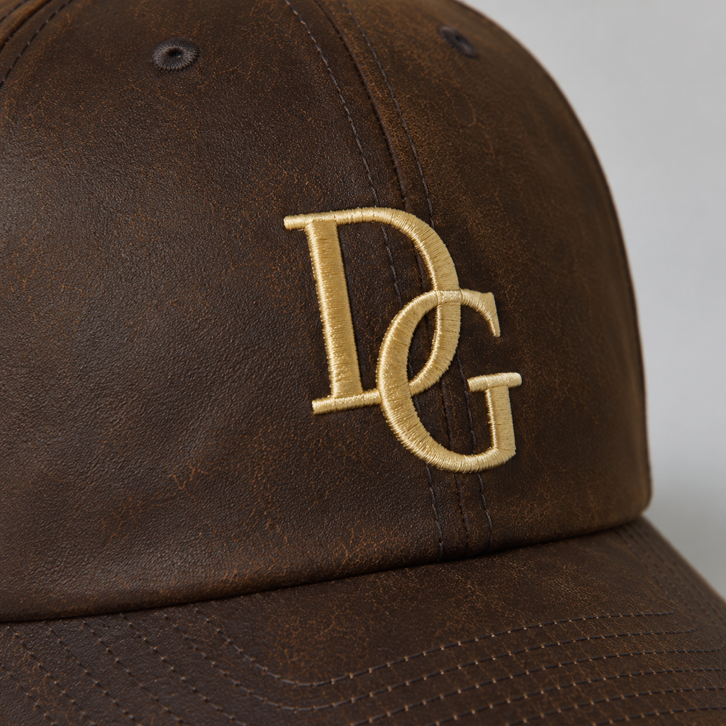 Close-up of gold custom embroidery logo on brown faux leather dad hat showing PU leather texture.