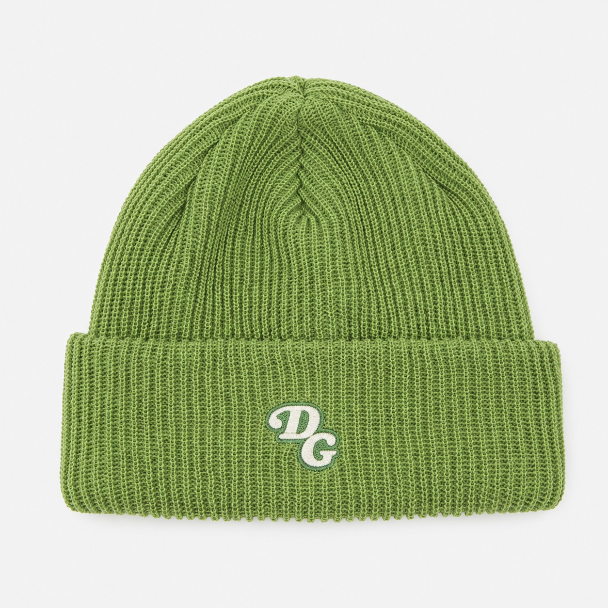 Green acrylic ribbed beanie with folded cuff and custom embroidered DG logo.