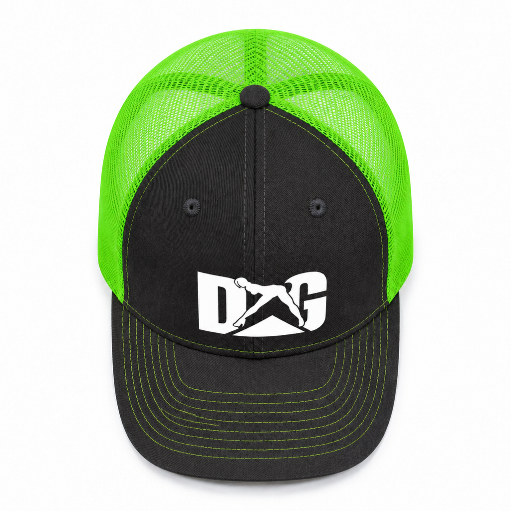 Top view of a wholesale black and neon green trucker hat with custom heat transfer logo