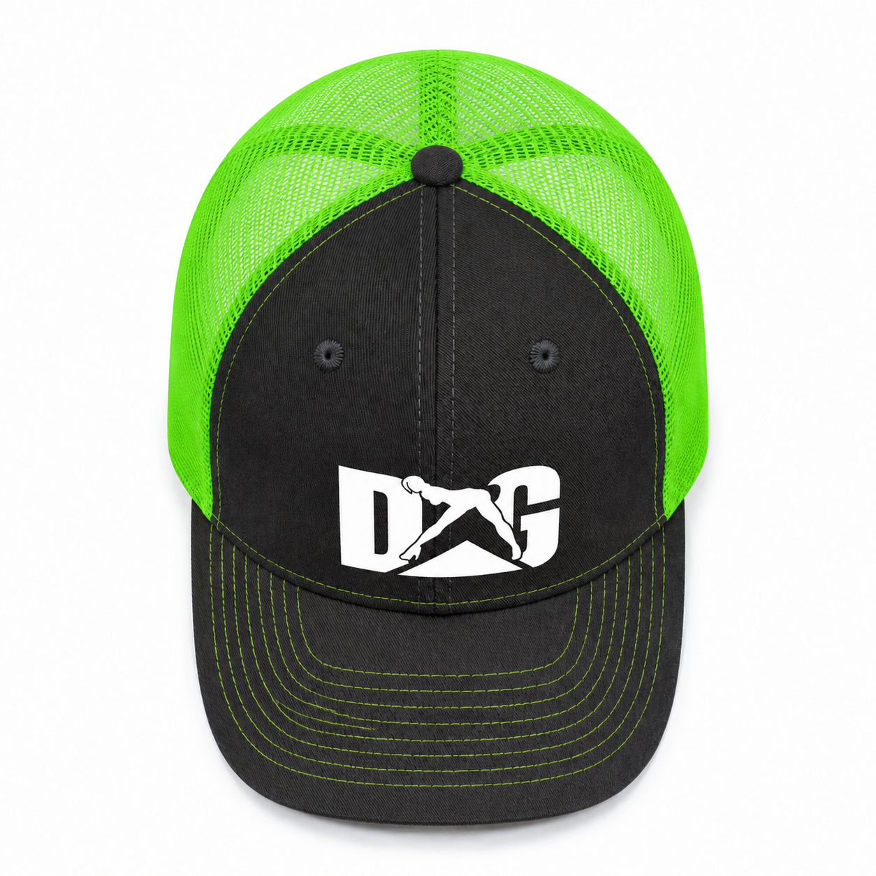 Top view of a wholesale black and neon green trucker hat with custom heat transfer logo