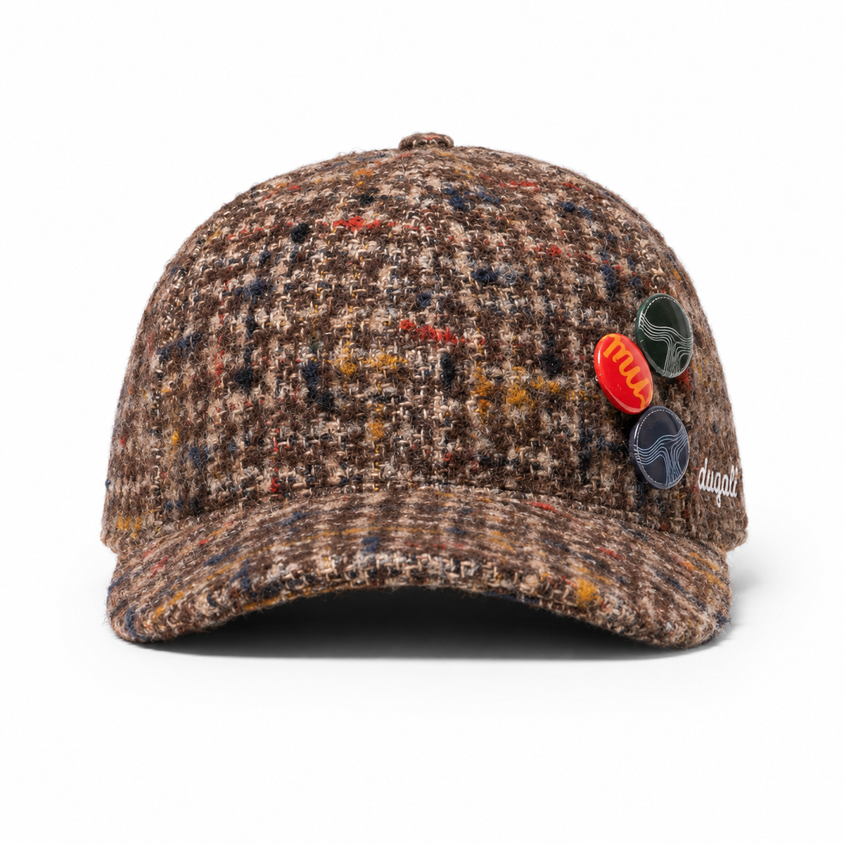 Front view of a high quality custom 100% wool baseball cap with decorative buttons, curved brim and side embroidered logo.