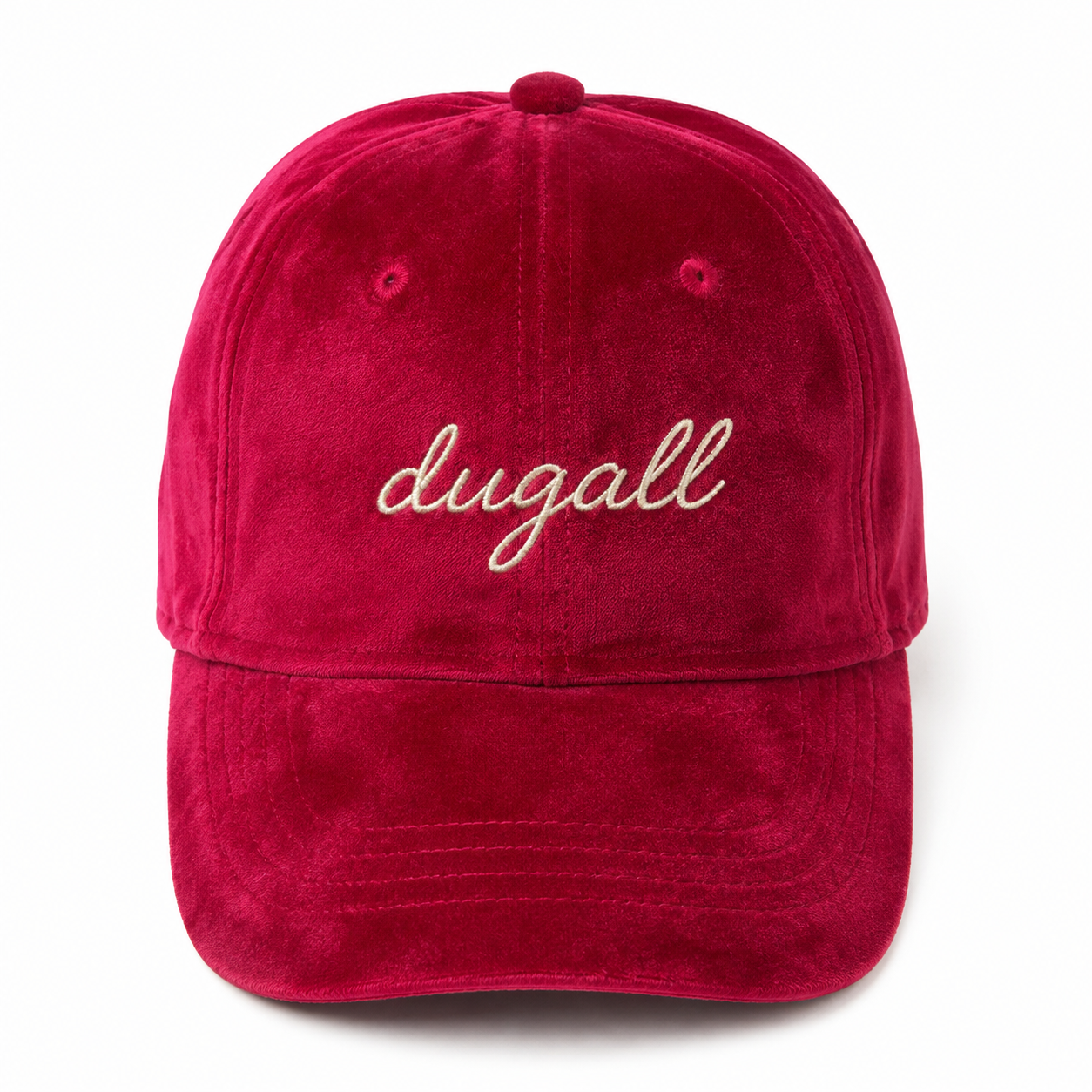 Front view of a high quality custom red velvet six-panel baseball cap with embroidered logo
