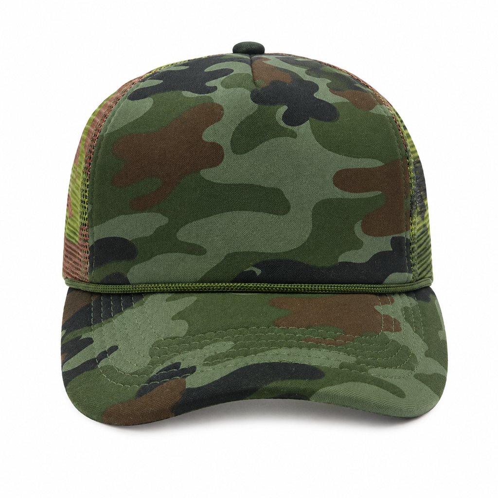 Front view of a high quality custom camouflage foam trucker hat with curved visor and rope detail