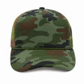 Front view of a high quality custom camouflage foam trucker hat with curved visor and rope detail