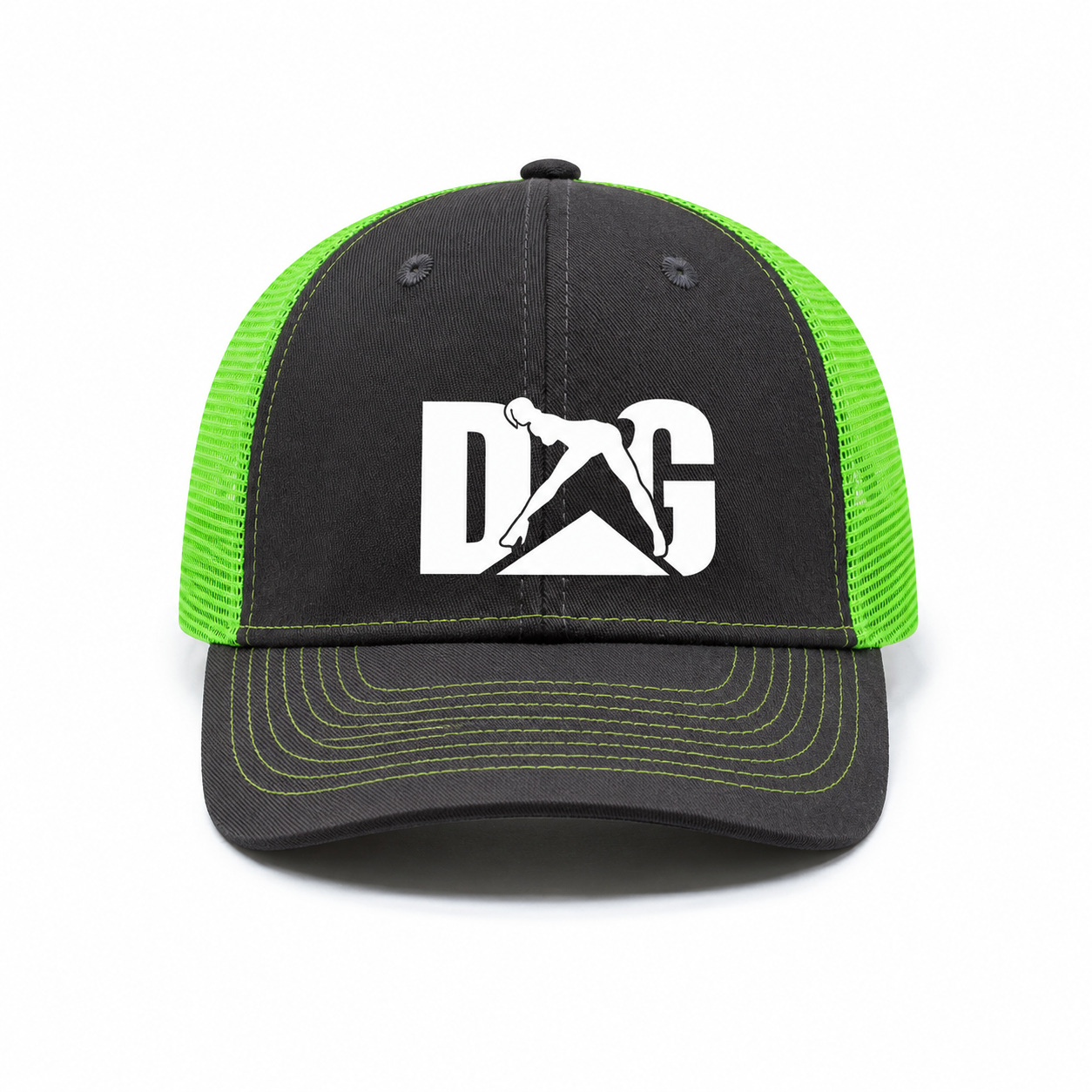 Front view of a high quality custom black cotton trucker hat with neon green mesh and heat transfer logo