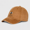 Honey brown washed cotton dad hat with bee embroidery logo and curved brim.