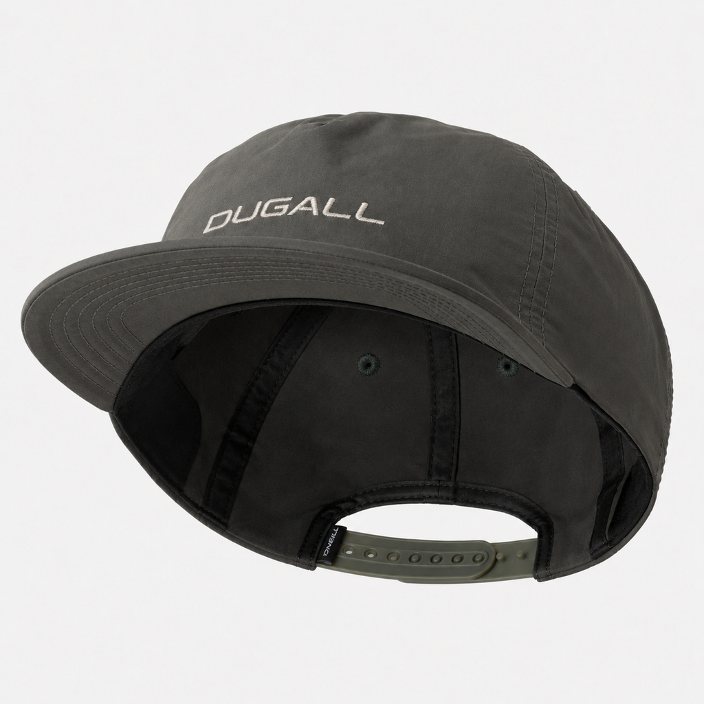 Interior view of a custom nylon 5 panel baseball cap showing lightweight construction and adjustable back closure