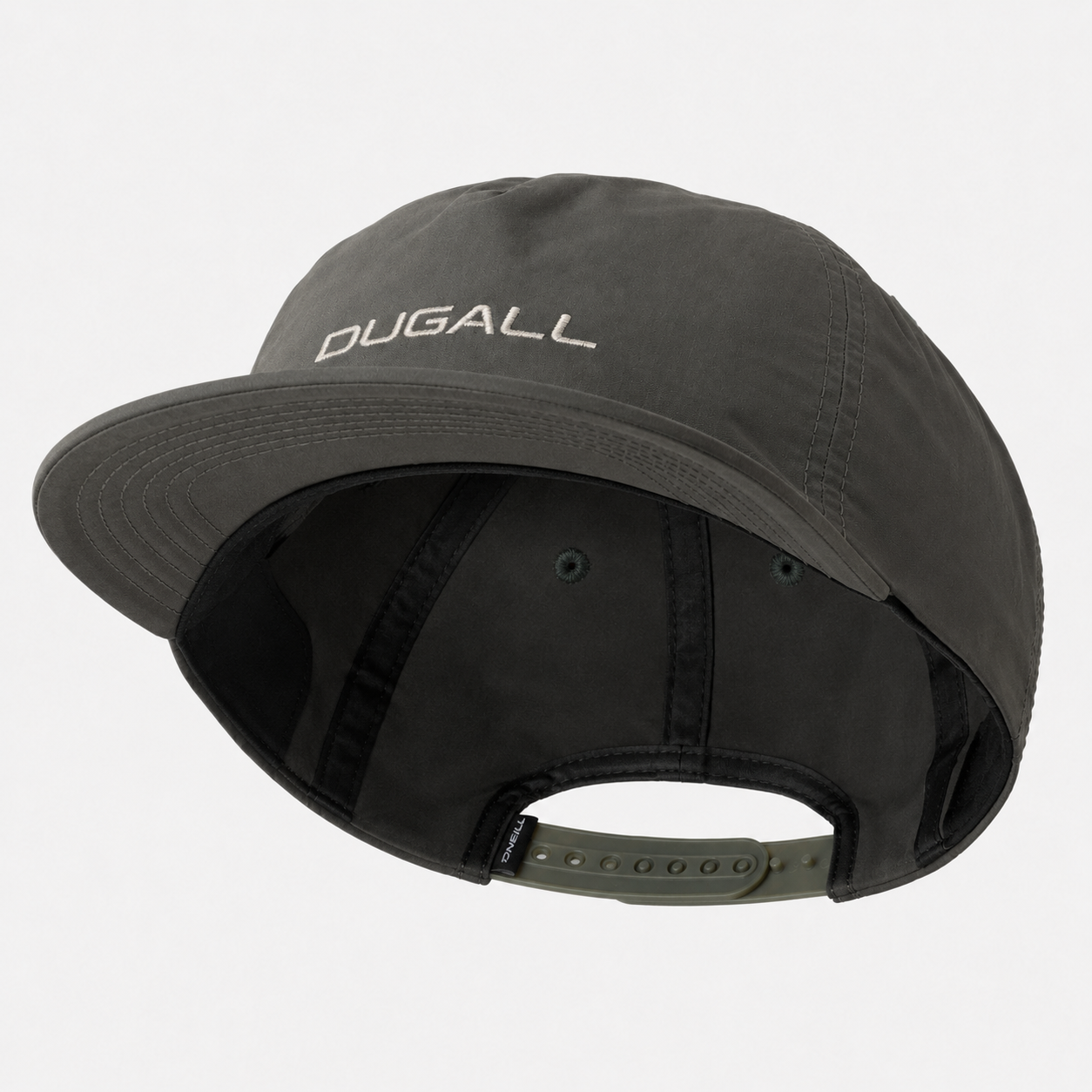 Interior view of a custom nylon 5 panel baseball cap showing lightweight construction and adjustable back closure