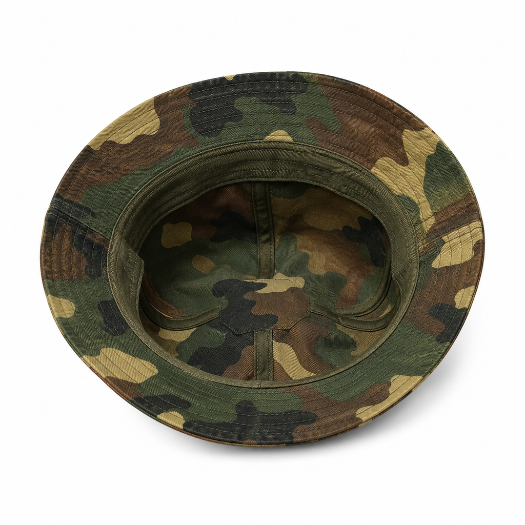 Inside view of a custom washed cotton camouflage bucket hat showing the interior structure.
