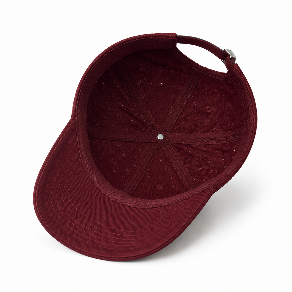 Inside view of a custom high quality baseball cap showing the inner construction, cotton fabric, and adjustable strap.