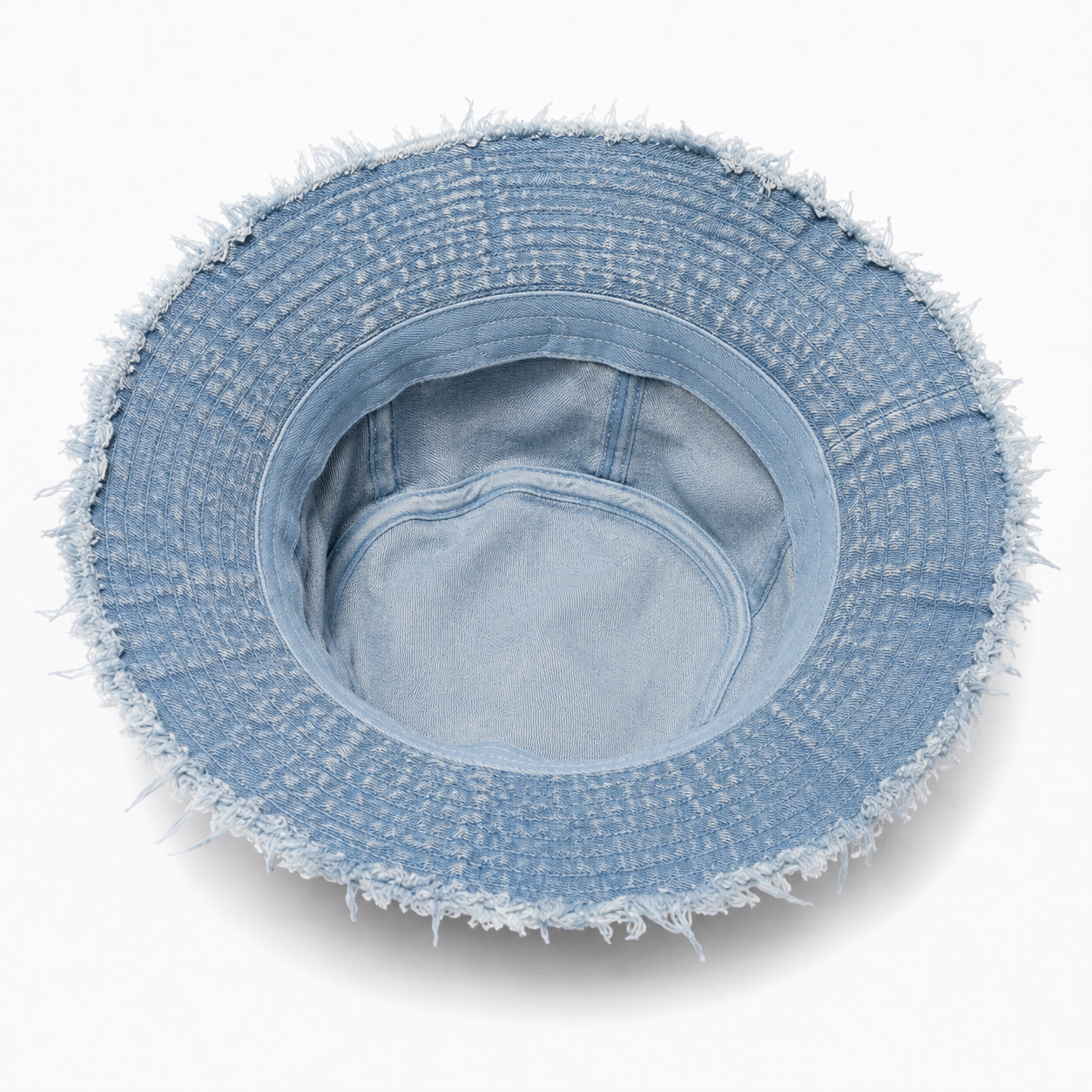 Inside view of a custom washed cotton bucket hat showing the inner construction and brim stitching.