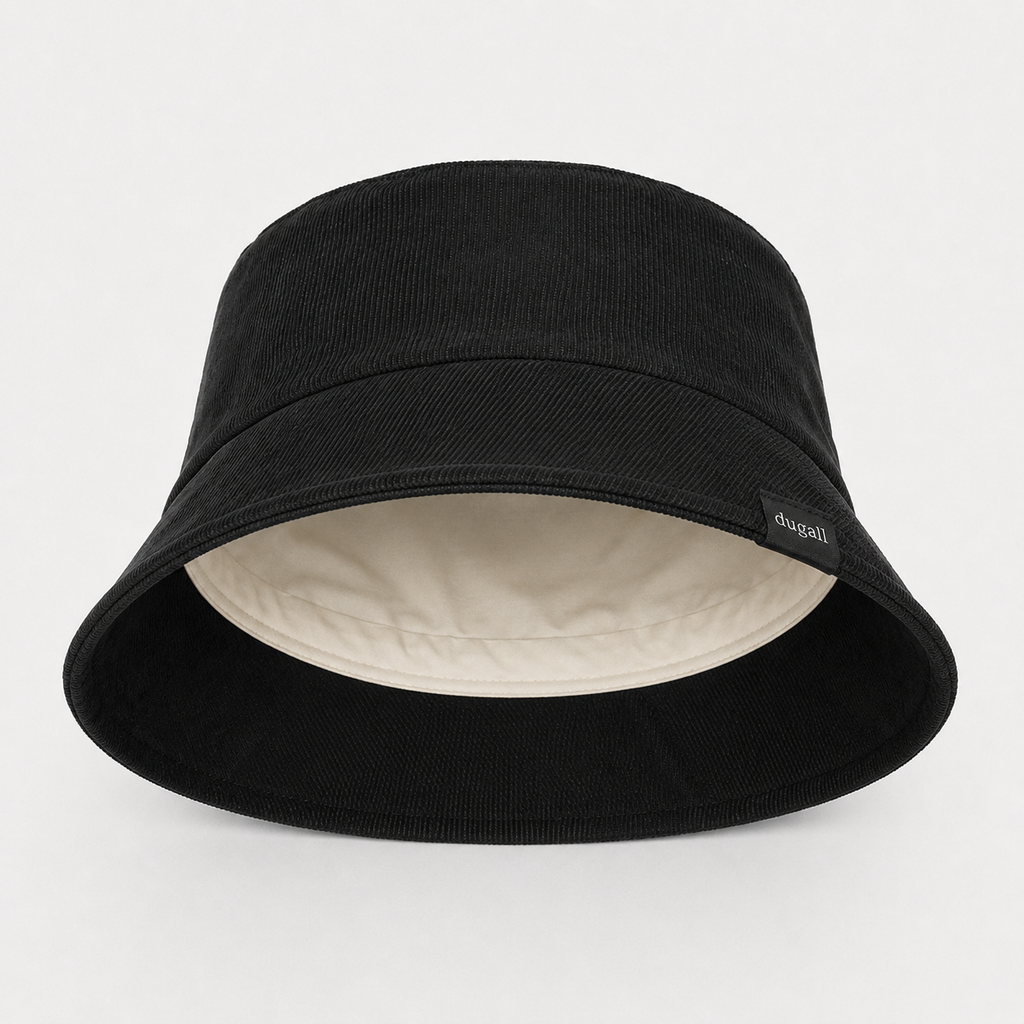 Inside view of black cotton bucket hat showing soft brim construction and inner lining detail