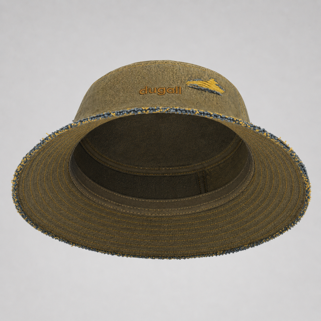 Inside view of a washed cotton bucket hat showing soft brim construction and frayed edge detail