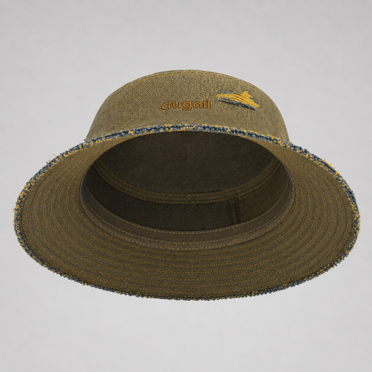 Inside view of a washed cotton bucket hat showing soft brim construction and frayed edge detail