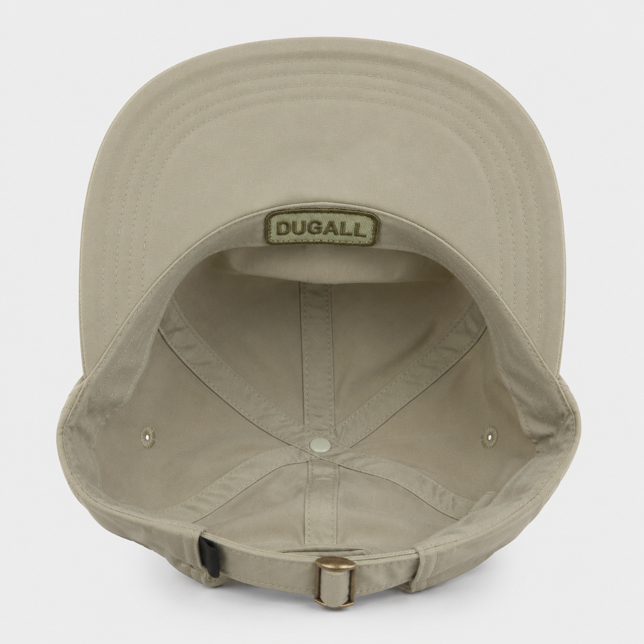Inside view of custom 5 panel baseball cap showing clean construction, curved brim, and adjustable closure