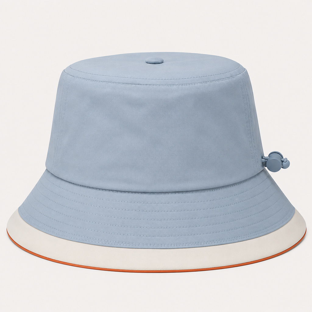 Back side view of a light blue 100% polyester bucket hat with wide brim and outdoor sun hat design
