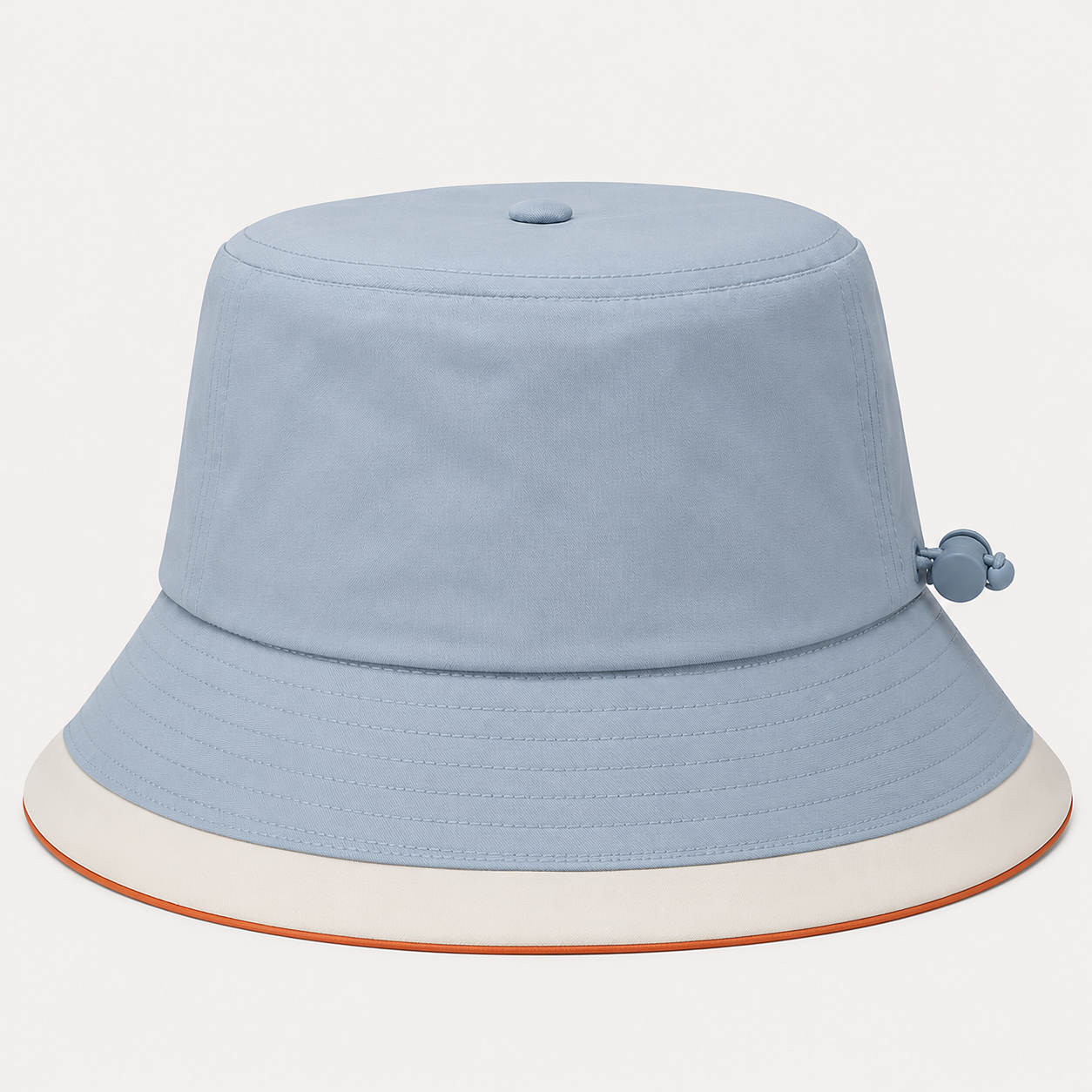 Back side view of a light blue 100% polyester bucket hat with wide brim and outdoor sun hat design