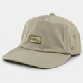 Khaki custom 5 panel baseball cap made from polyester cotton blend with embroidered DUGALL logo and curved brim