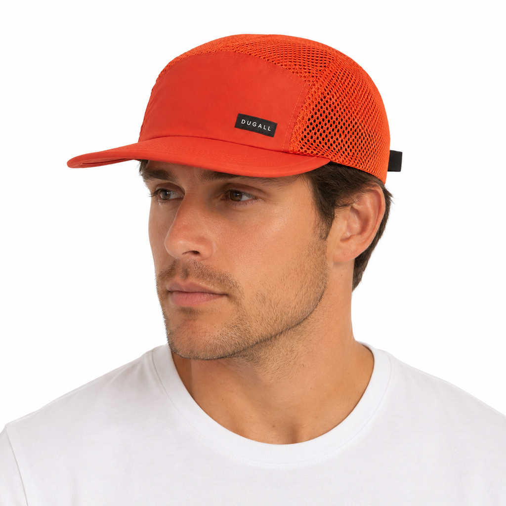 Man wearing a custom orange 5 panel nylon mesh cap with lightweight breathable construction