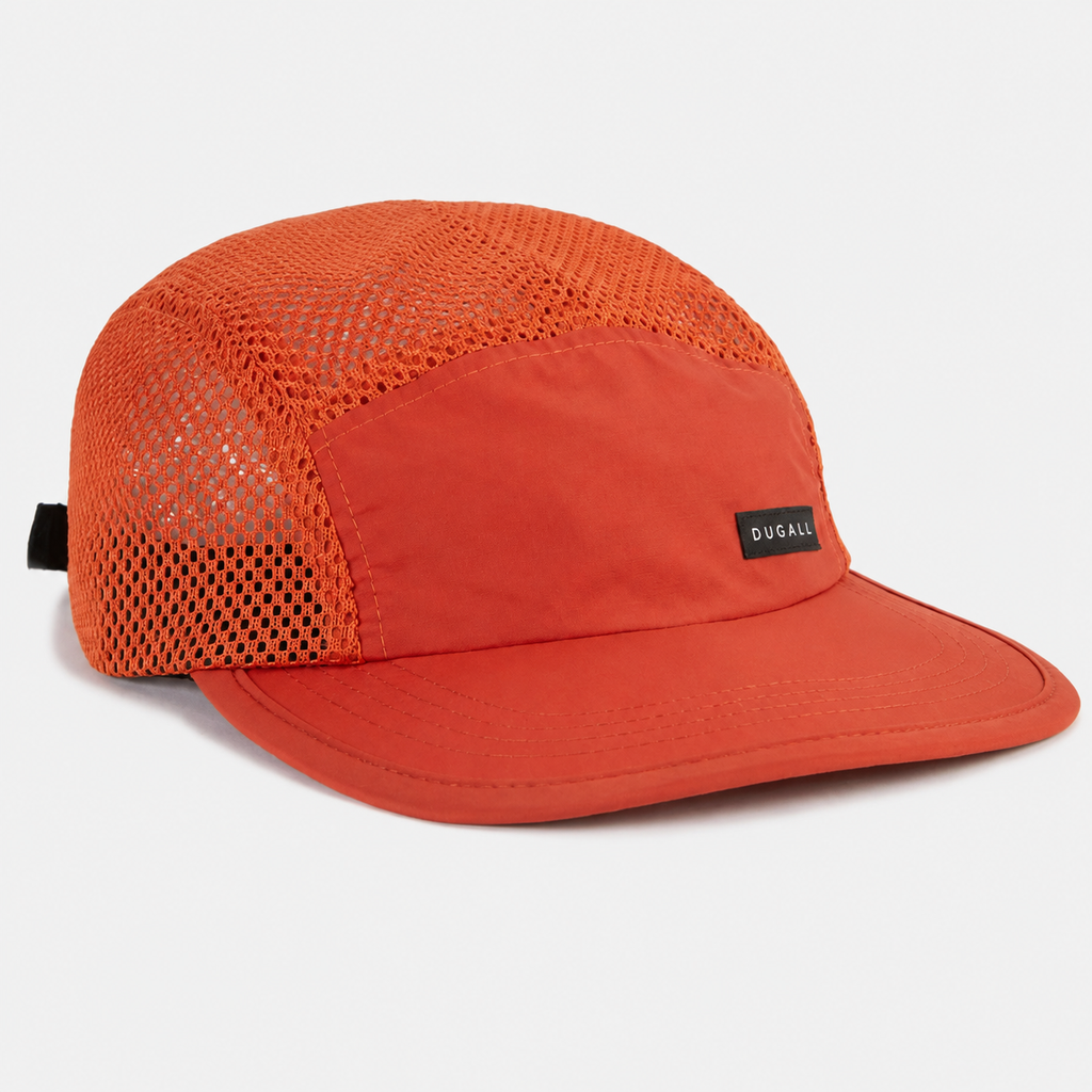 Custom orange 5 panel nylon mesh cap with private label front logo and breathable lightweight design
