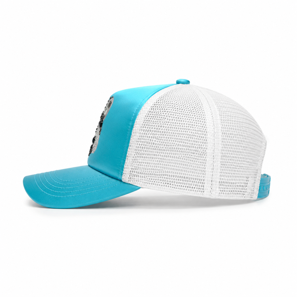 Side view of a custom foam trucker hat featuring white mesh panels and a curved turquoise brim