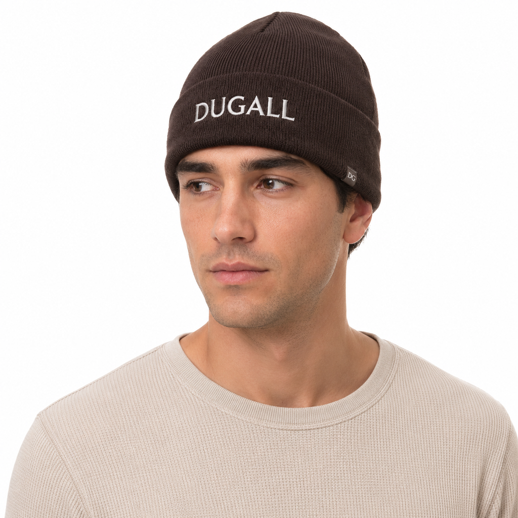 Male model wearing a brown acrylic spandex knit beanie with custom embroidered logo.