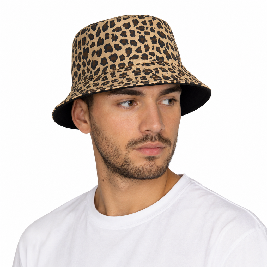 Male model wearing a reversible leopard print custom bucket hat for wholesale promotional and fashion orders