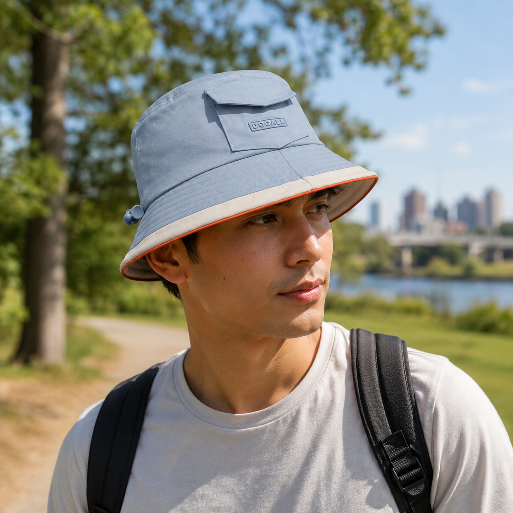 Male model wearing a custom polyester bucket hat with 3D printed logo for outdoor travel and casual wear
