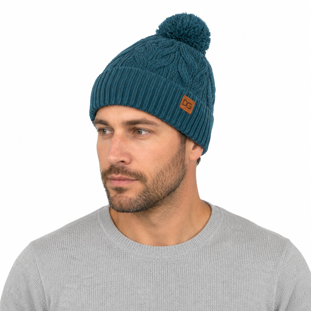 Male model wearing a teal cable knit winter beanie with pom pom and custom leather patch logo.