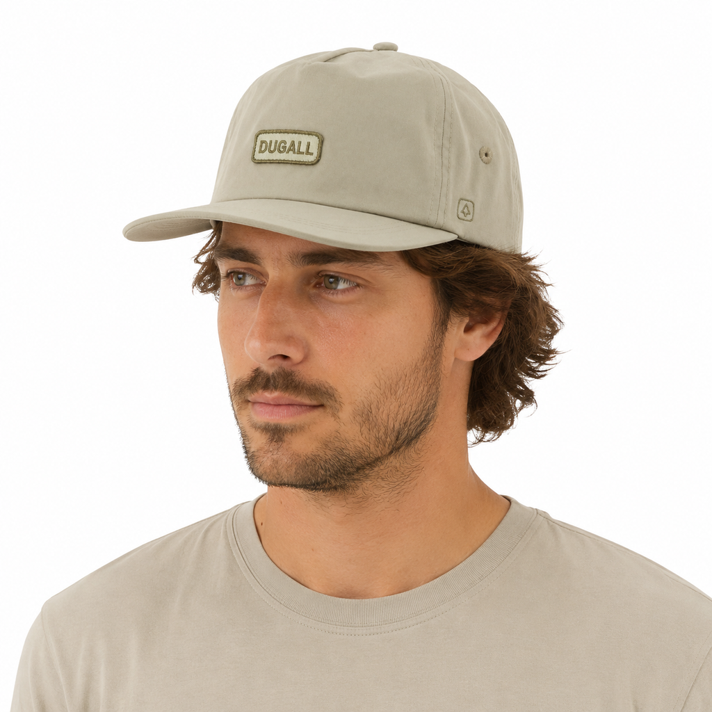 Male model wearing khaki custom 5 panel baseball cap for outdoor, travel, and everyday casual styling