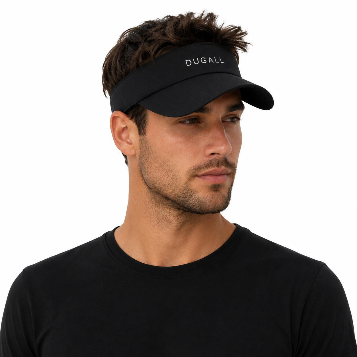Male model wearing a black custom embroidered golf visor with adjustable fit and lightweight quick-dry polyester fabric
