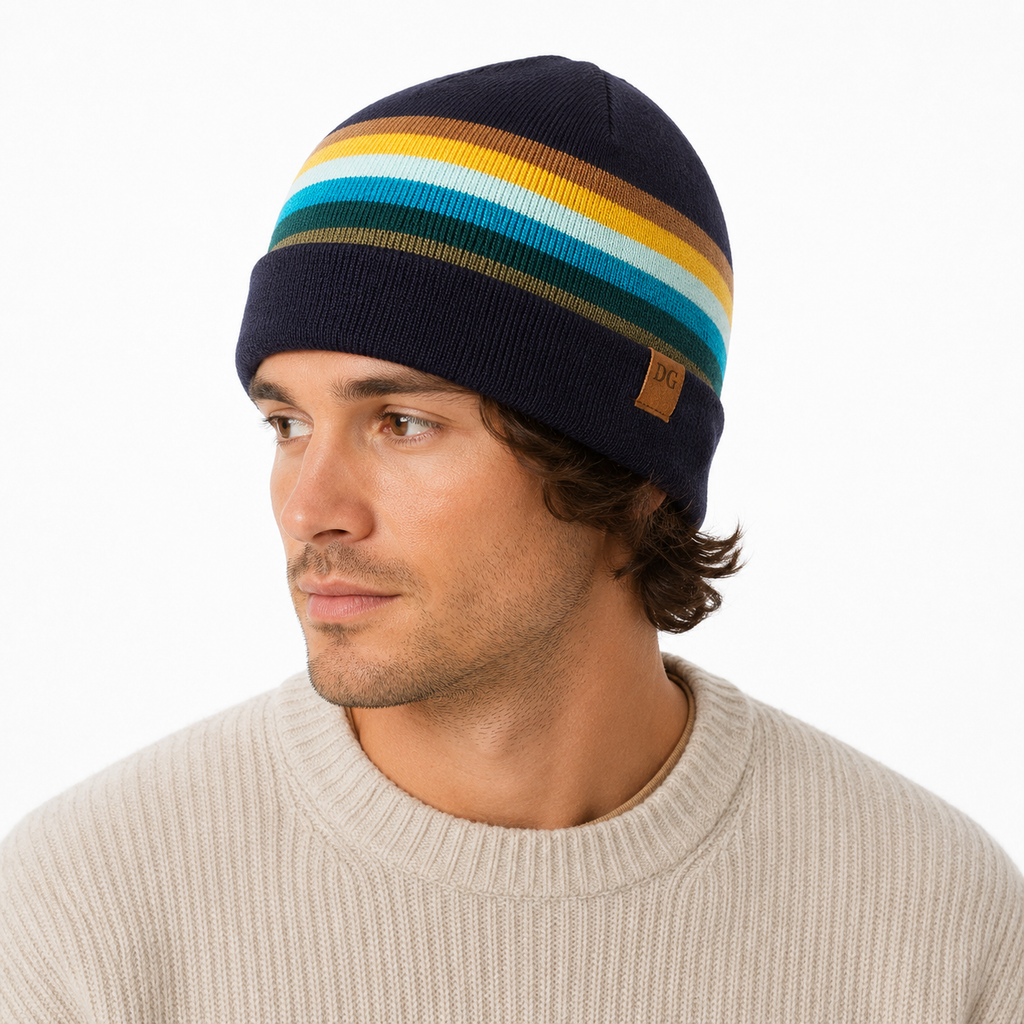 Male model wearing a retro striped acrylic ski beanie with navy cuff and custom leather patch logo.