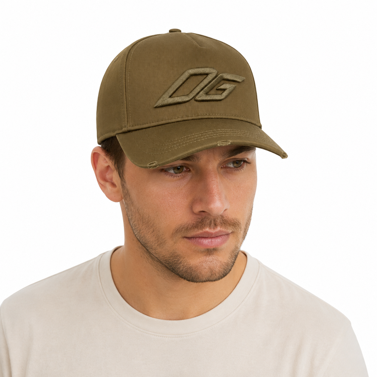 Male model wearing a custom olive snapback hat with 3D embroidered front logo