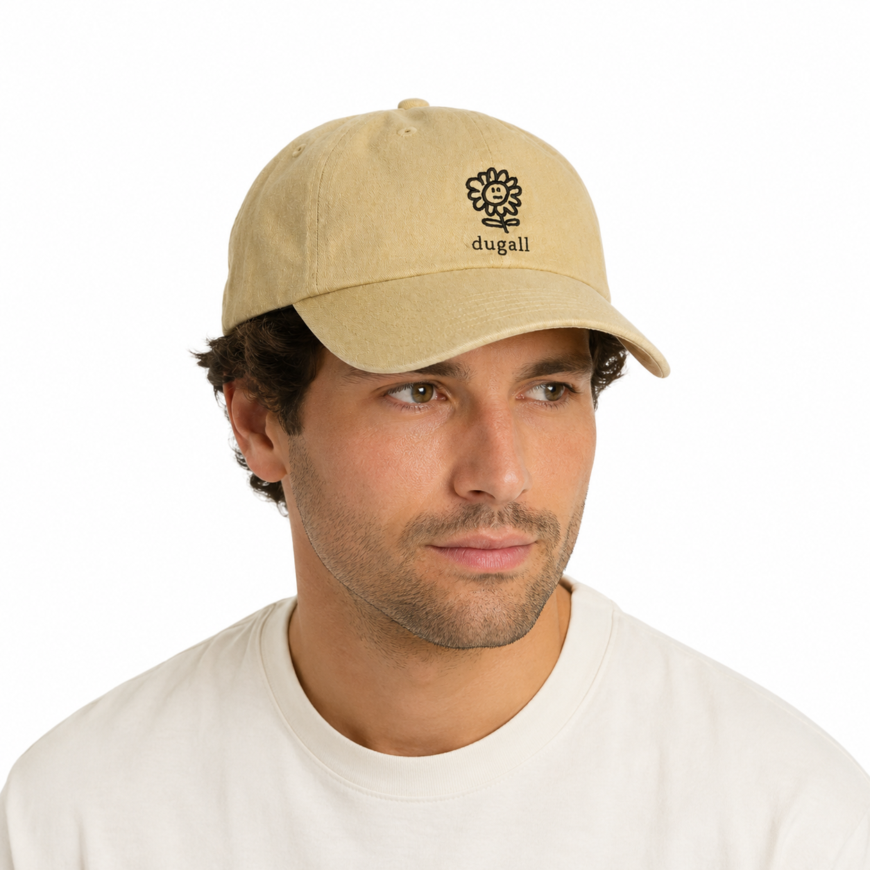 Man wearing a beige custom embroidered 100% cotton dad hat with curved brim and casual everyday style