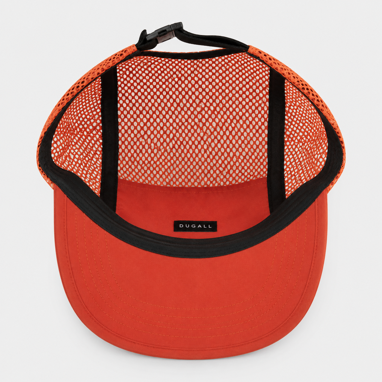 Inside view of a custom 5 panel nylon mesh cap showing breathable construction and lightweight interior design