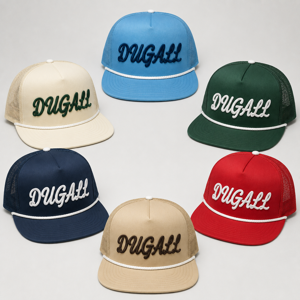Custom rope trucker hats with 3D embroidery logo in multiple colors