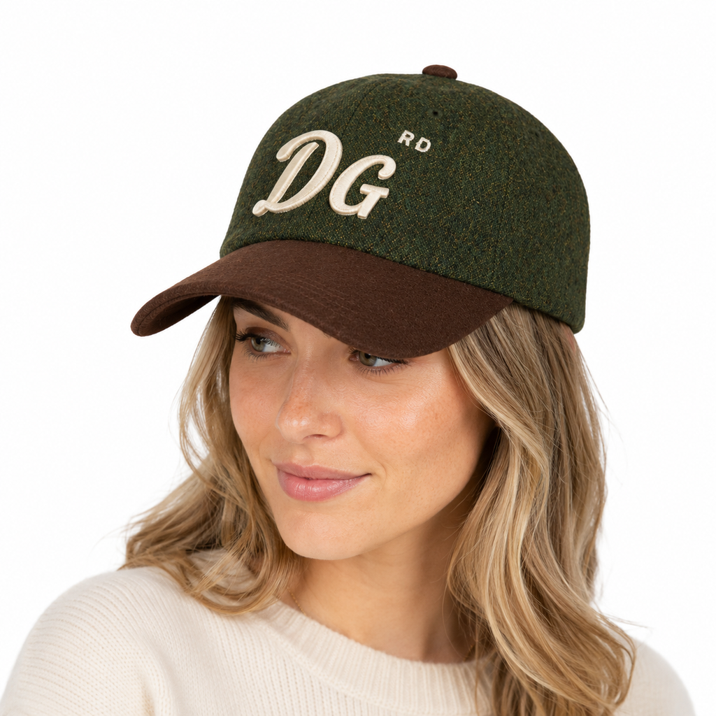 Model wearing a custom wool dad hat with cotton brim and embroidered logo.