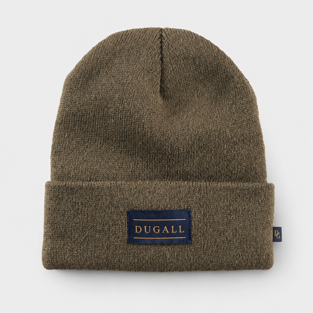 Olive brown acrylic knit beanie with custom front patch label and side tag logo.
