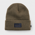Olive brown acrylic knit beanie with custom front patch label and side tag logo.