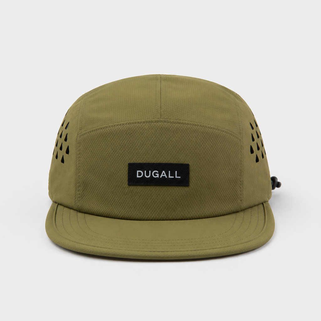 Front view of an olive green custom outdoor 5 panel cap made from quick-dry polyester with black label logo and breathable side panels.