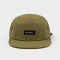 Front view of an olive green custom outdoor 5 panel cap made from quick-dry polyester with black label logo and breathable side panels.