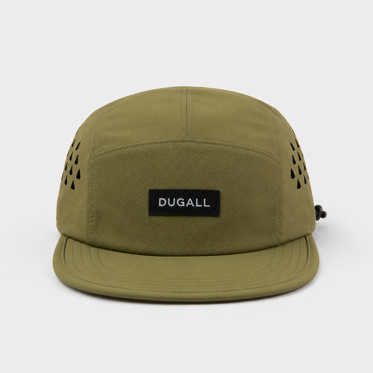 Front view of an olive green custom outdoor 5 panel cap made from quick-dry polyester with black label logo and breathable side panels.