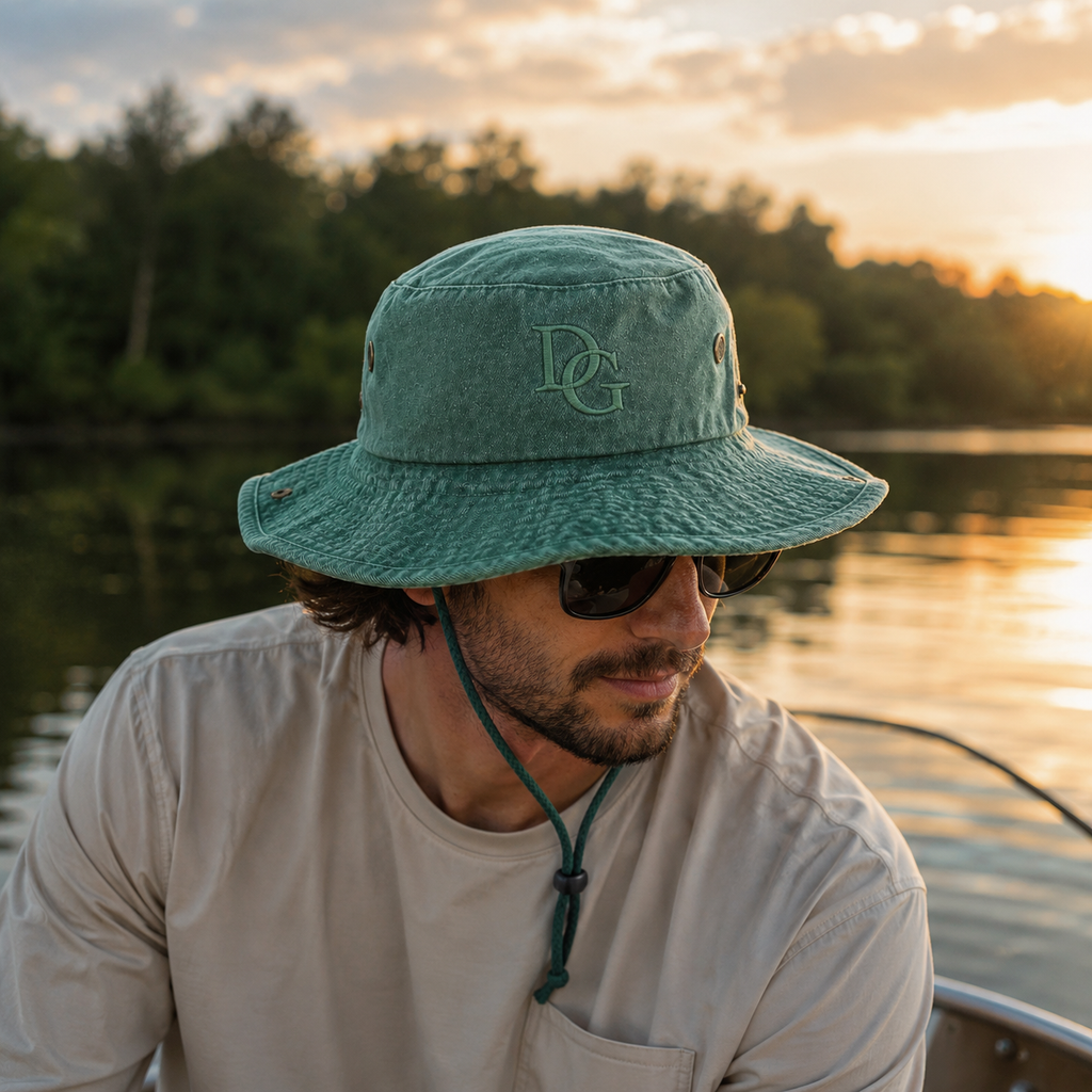 Man wearing a custom green cotton bucket hat with embroidered logo during an outdoor boating scene at sunset