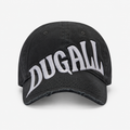 Front view of a black custom oversized embroidery snapback hat made from 100% cotton with large white front logo and distressed brim.