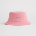 Front view of a soft pink 100% cotton bucket hat with minimalist embroidery logo.