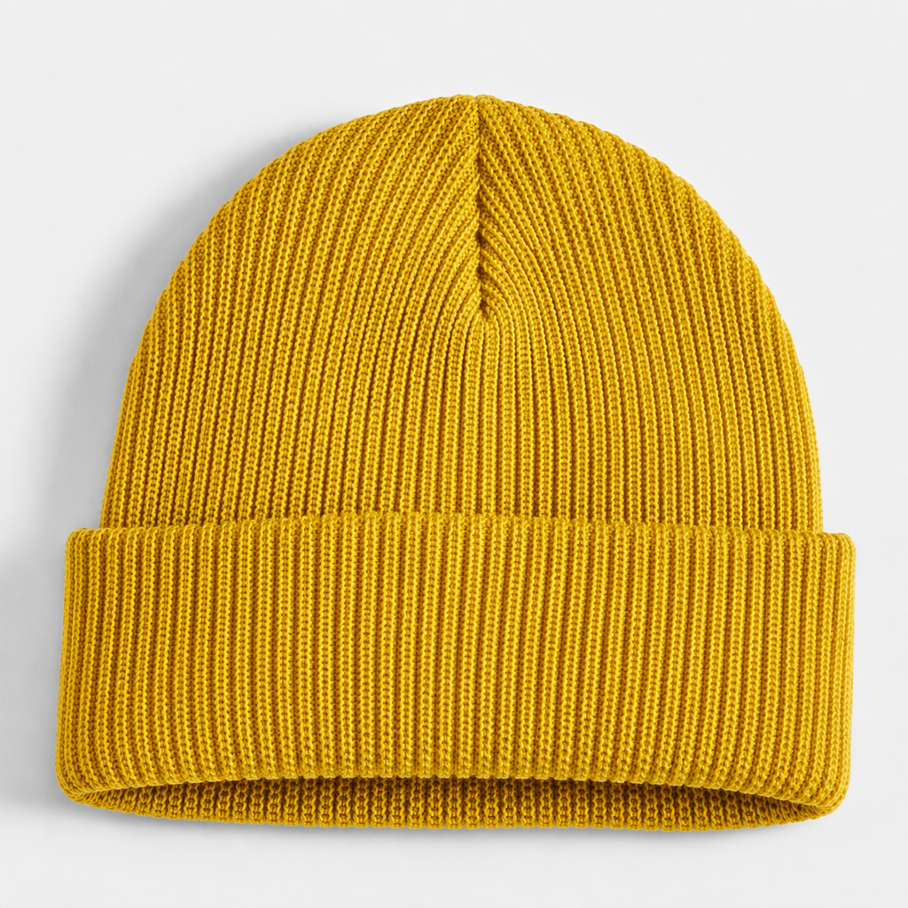 Front view of a mustard yellow acrylic ribbed beanie with folded cuff for custom logo branding.