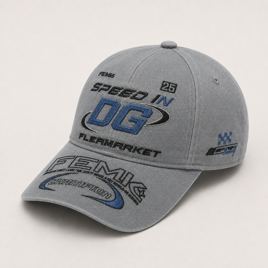 Side angle view of an embroidered logo baseball cap with premium custom branding details