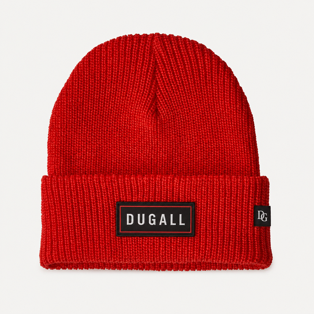 Red ribbed knit beanie with custom embroidered DUGALL patch logo and side label.