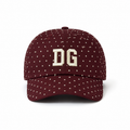 Front view of a custom high quality baseball cap with cotton fabric, rhinestone decoration, and raised 3D embroidery logo.